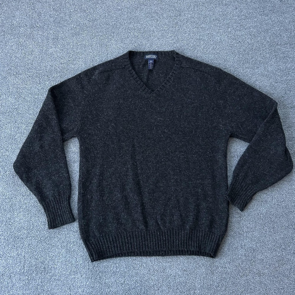 Lands End Sweater Mens Large Tall dark Grey Wool V Neck Pullover Made Scotland
